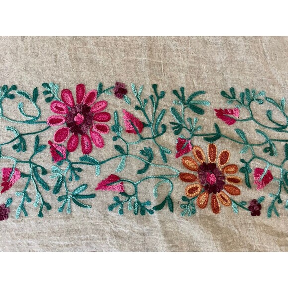 Hand Embroidered Linen Dresser Scarf Table Runner 68x72” Flowers Botanical Vtg - Picture 1 of 5